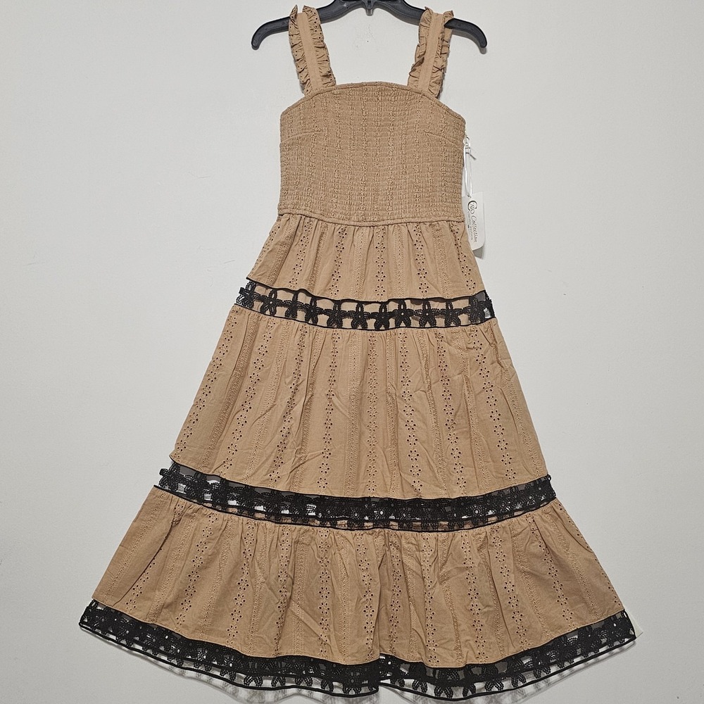 Women's Dress Size XS Fits 0-2 Tan Black Sleeveless Smocked Lace Cotton New 282
